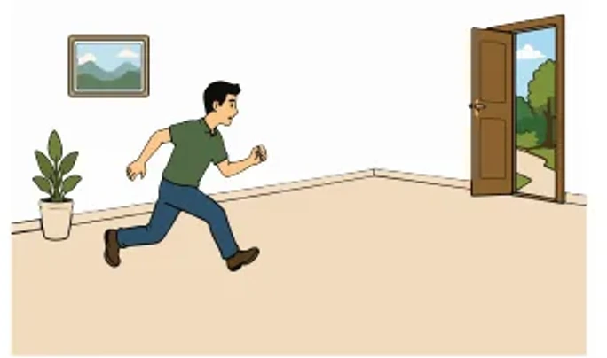 Persona corriendo hacia la puerta de salida mientras el suelo tiembla.